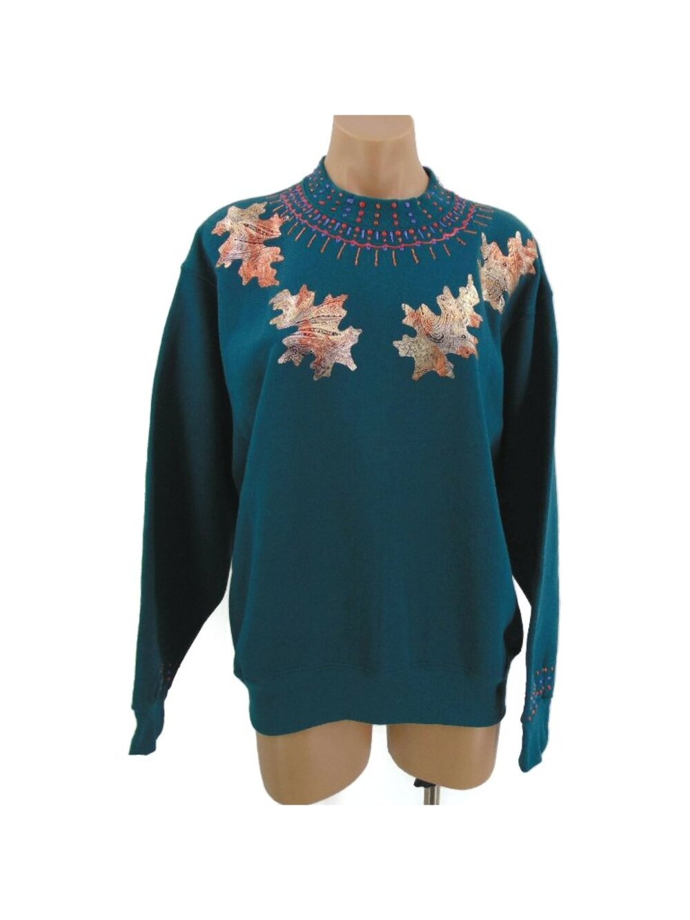 BVD Vintage DIY Puff Paint Applique Sweatshirt M Foil Oak Leaves Grandma Granny